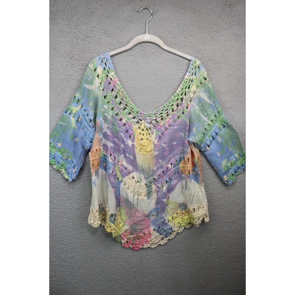 K.Jordan Tie Dye Crochet 3/4 Sleeve Top-Size Medium-Cottagecore-BOHO-Beachy